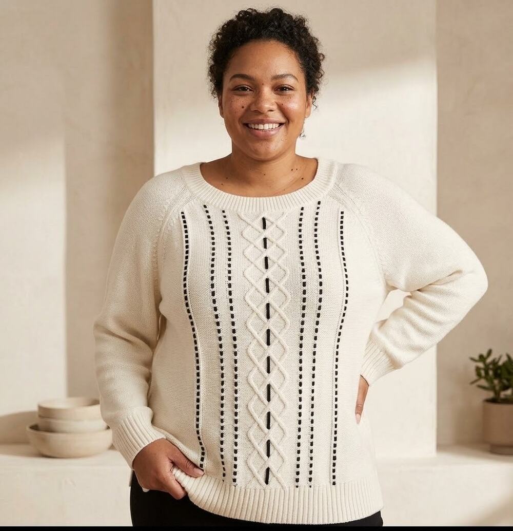 NEW TALBOTS Woman's plus size Black Velvet Ribbon Sweater Cream Cable Knit sz 2X